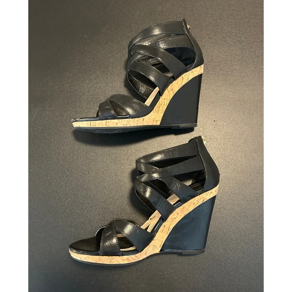 Isola Black Leather Strappy Wedge Sandals Cork Platform Back Zip Heels